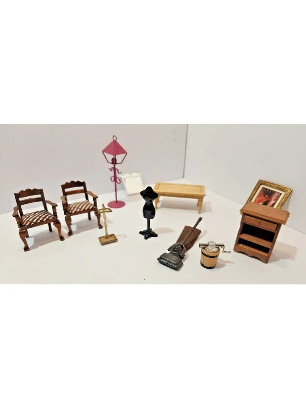 Vtg  Wood Dollhouse Furniture Metal Vacuum Dressmakers Ice Cream Churn...11 Pcs